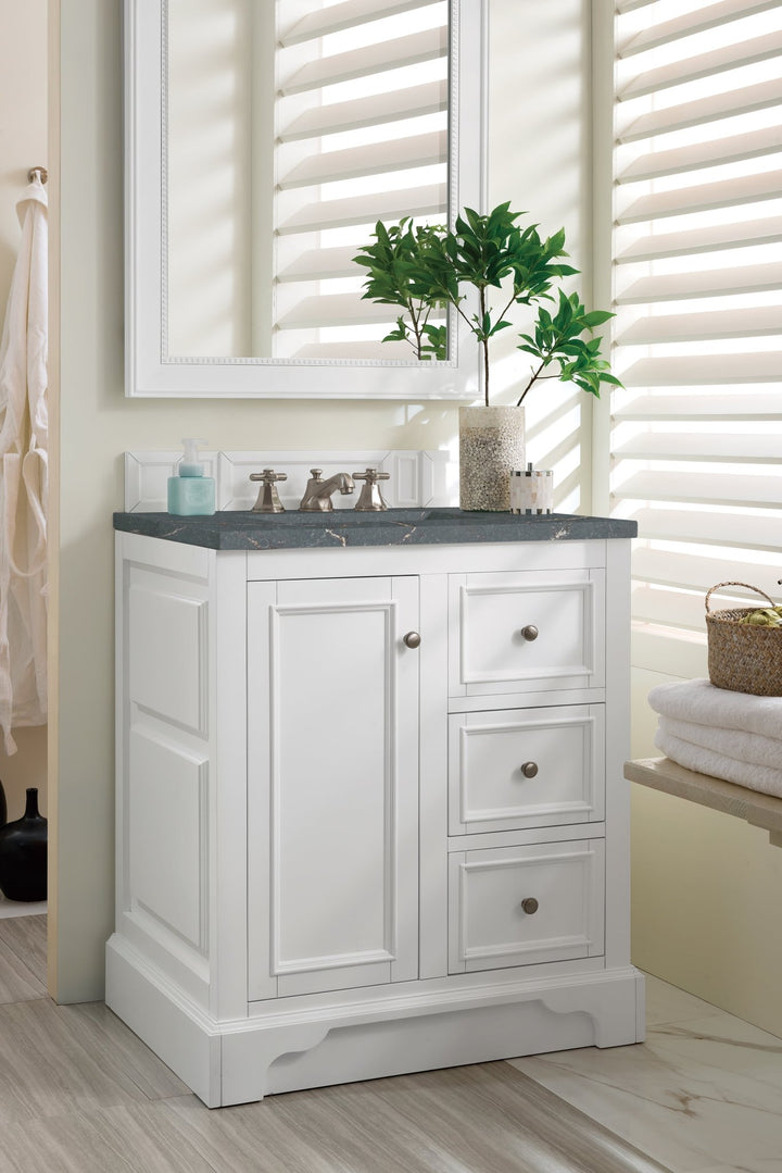 De Soto 30" Single Vanity, Bright White w/ 3 CM Parisien Bleu Silestone Top