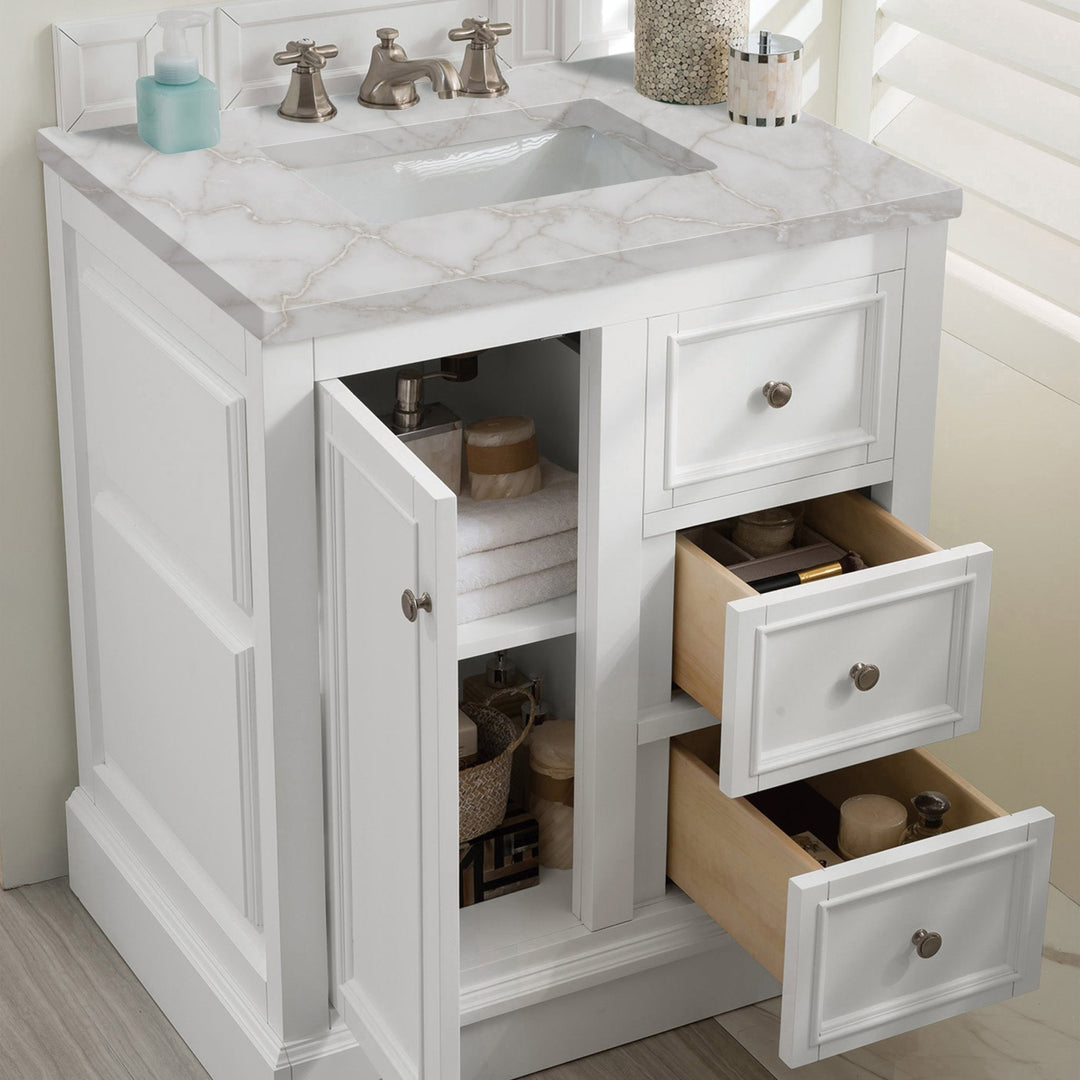 De Soto 30" Single Vanity, Bright White w/ 3 CM Victorian Silver Silestone Top