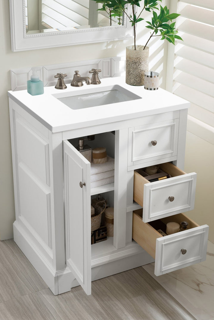 De Soto 30" Single Vanity, Bright White w/ 3 CM White Zeus Silestone Top