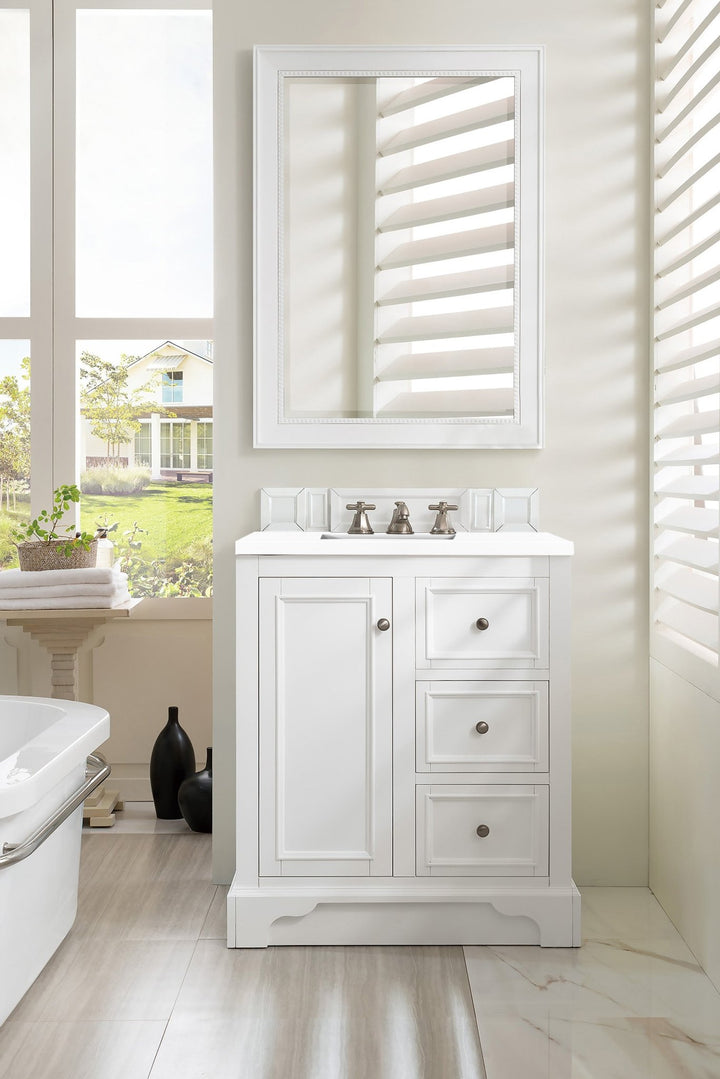 De Soto 30" Single Vanity, Bright White w/ 3 CM White Zeus Silestone Top