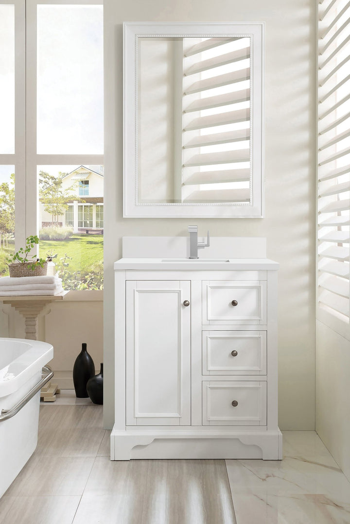 De Soto 30" Single Vanity, Bright White w/ Single Hole 3 CM White Zeus Silestone Top & Backsplash
