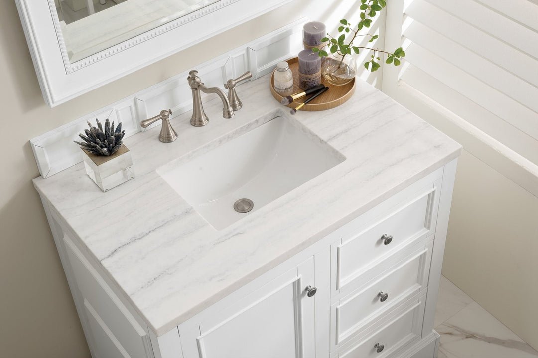 De Soto 36" Single Vanity, Bright White w/ 3 CM Arctic Fall Solid Surface Top