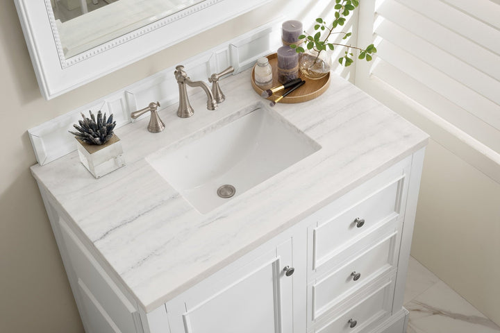 De Soto 36" Single Vanity, Bright White w/ 3 CM Arctic Fall Solid Surface Top