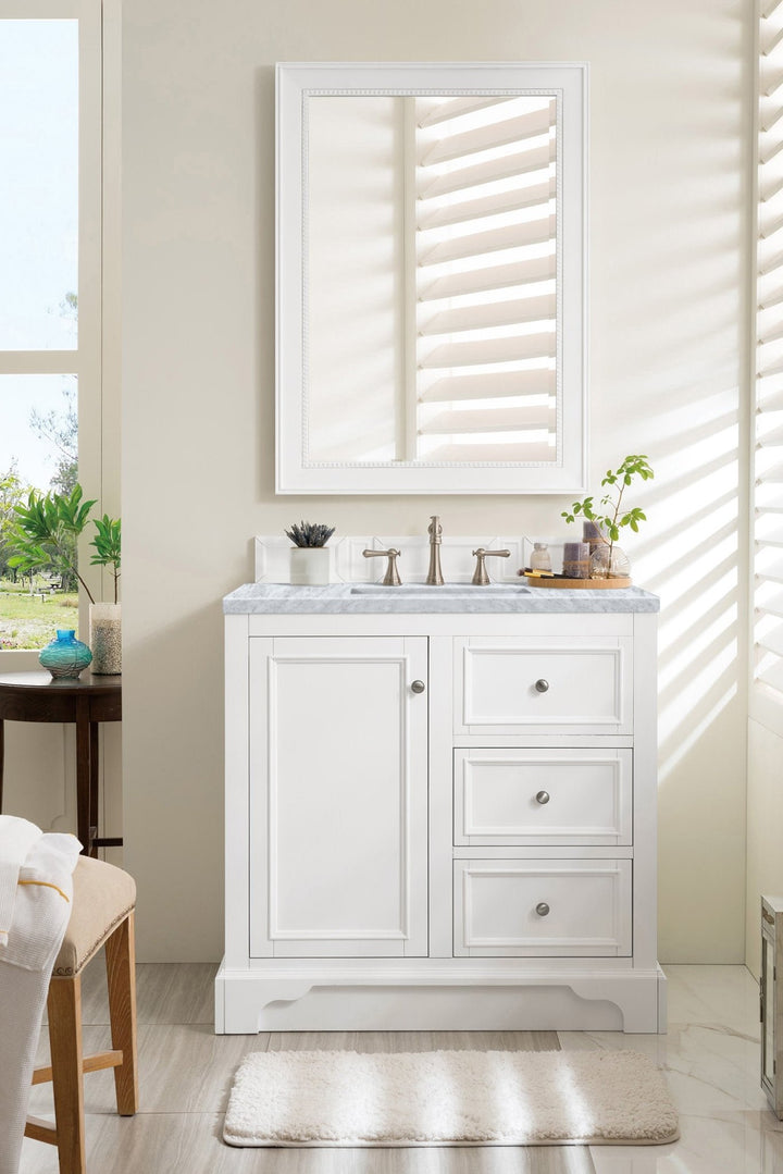 De Soto 36" Single Vanity, Bright White w/ 3 CM Carrara Marble Top