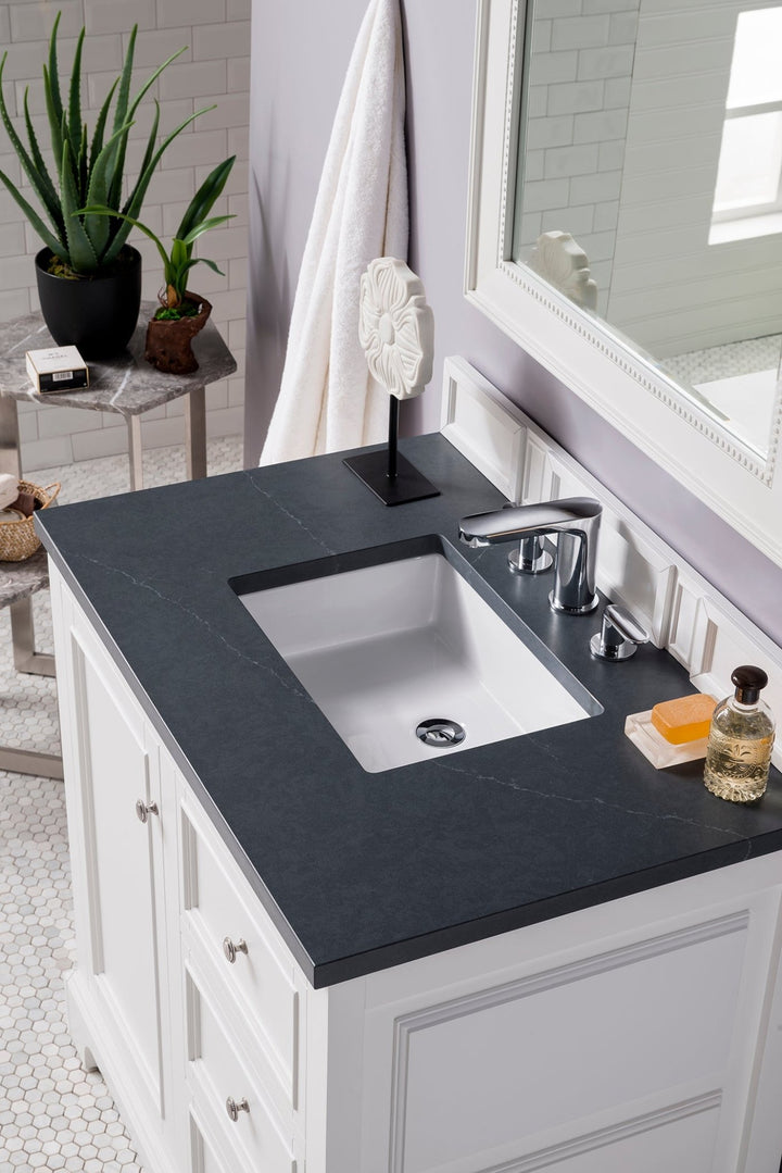 De Soto 36" Single Vanity, Bright White w/ 3 CM Charcoal Soapstone Silestone Top
