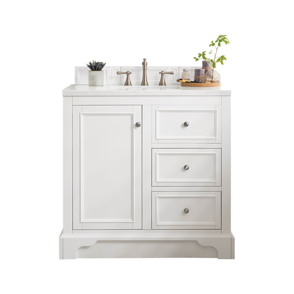 De Soto 36" Single Vanity, Bright White w/ 3 CM Eternal Jasmine Pearl Silestone Top