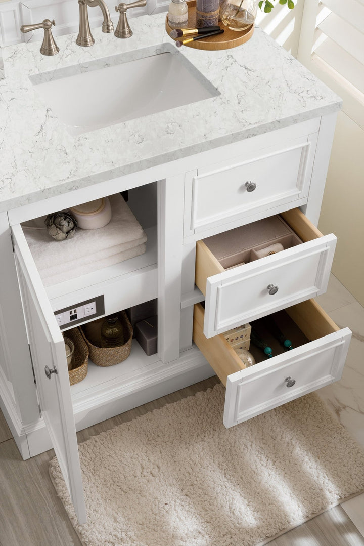 De Soto 36" Single Vanity, Bright White w/ 3 CM Eternal Jasmine Pearl Silestone Top