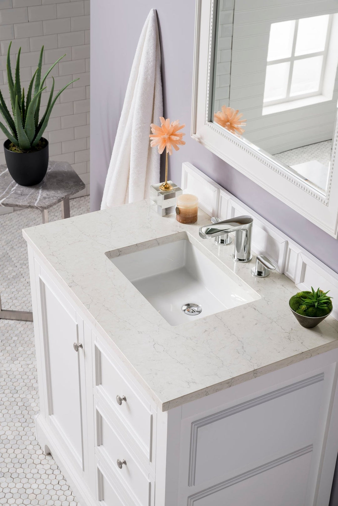 De Soto 36" Single Vanity, Bright White w/ 3 CM Eternal Jasmine Pearl Silestone Top
