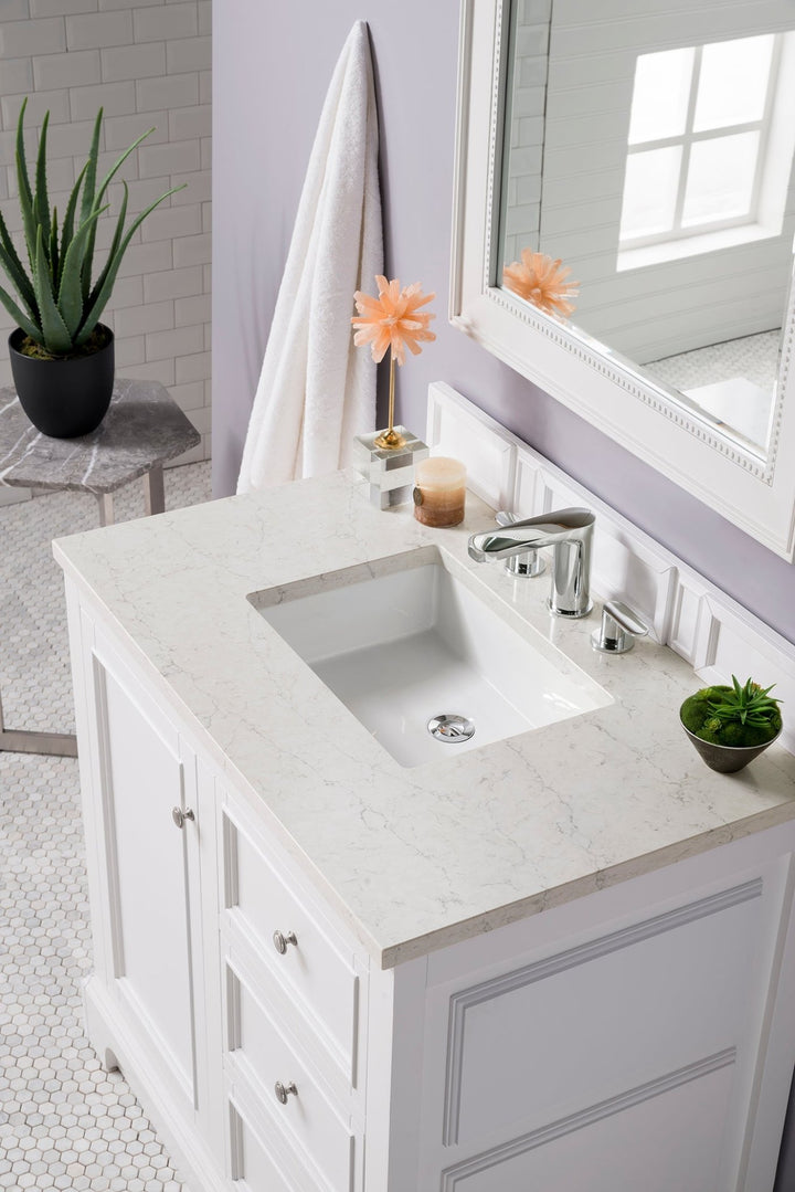 De Soto 36" Single Vanity, Bright White w/ 3 CM Eternal Jasmine Pearl Silestone Top