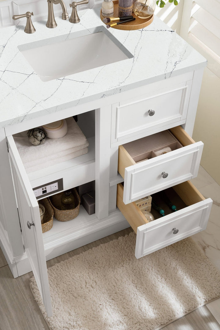 De Soto 36" Single Vanity, Bright White, w/ 3 CM Ethereal Noctis Silestone Top
