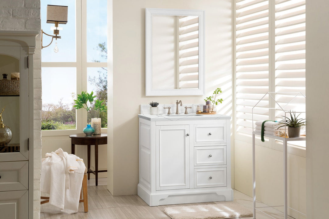 De Soto 36" Single Vanity, Bright White, w/ 3 CM Ethereal Noctis Silestone Top