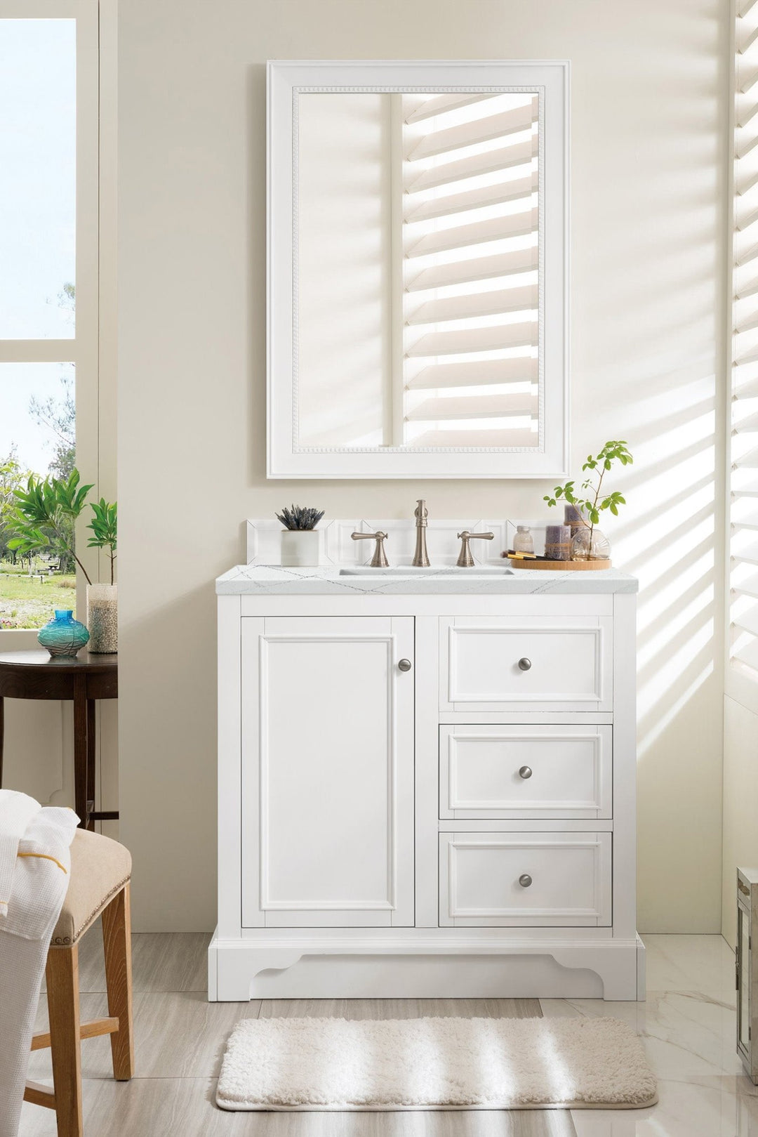 De Soto 36" Single Vanity, Bright White, w/ 3 CM Ethereal Noctis Silestone Top