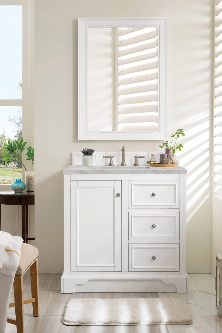 De Soto 36" Single Vanity, Bright White w/ 3 CM Victorian Silver Silestone Top