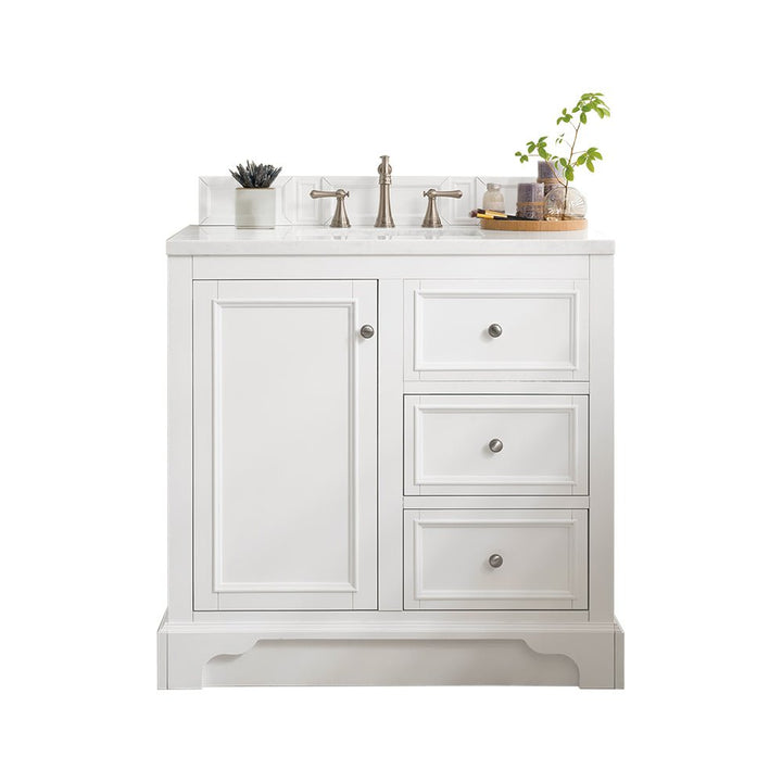 De Soto 36" Single Vanity, Bright White w/ 3 CM White Zeus Silestone Top