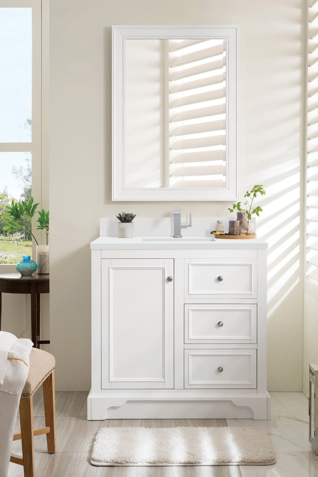 De Soto 36" Single Vanity, Bright White w/ Single Hole 3 CM White Zeus Silestone Top & Backsplash