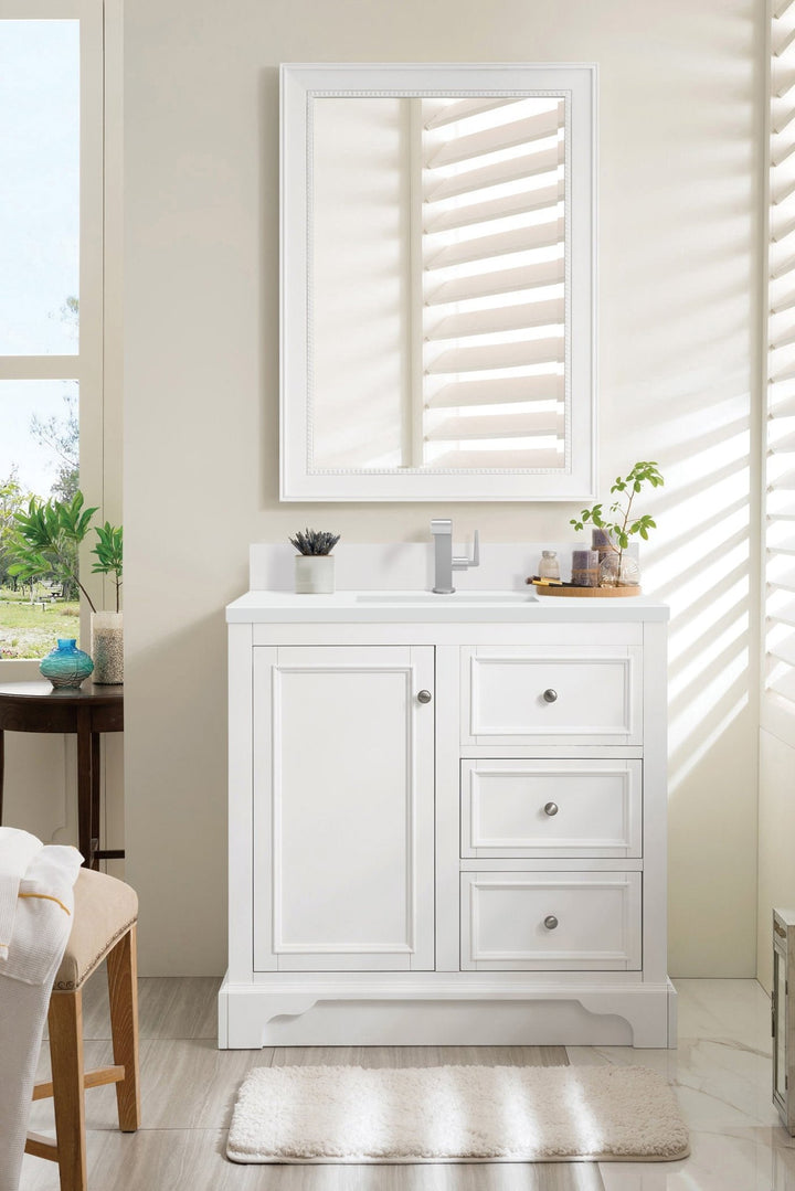 De Soto 36" Single Vanity, Bright White w/ Single Hole 3 CM White Zeus Silestone Top & Backsplash