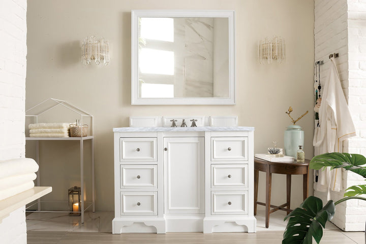 De Soto 48" Single Vanity, Bright White w/ 3 CM Carrara Marble Top