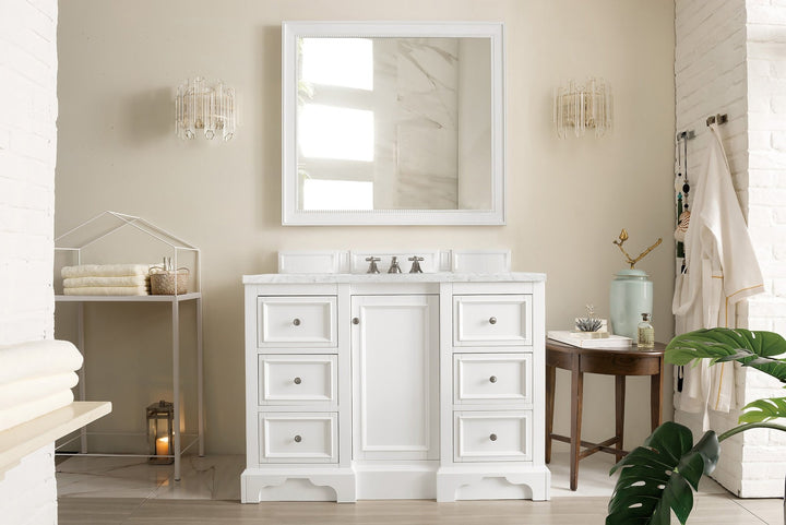 De Soto 48" Single Vanity, Bright White w/ 3 CM Eternal Jasmine Pearl Silestone Top