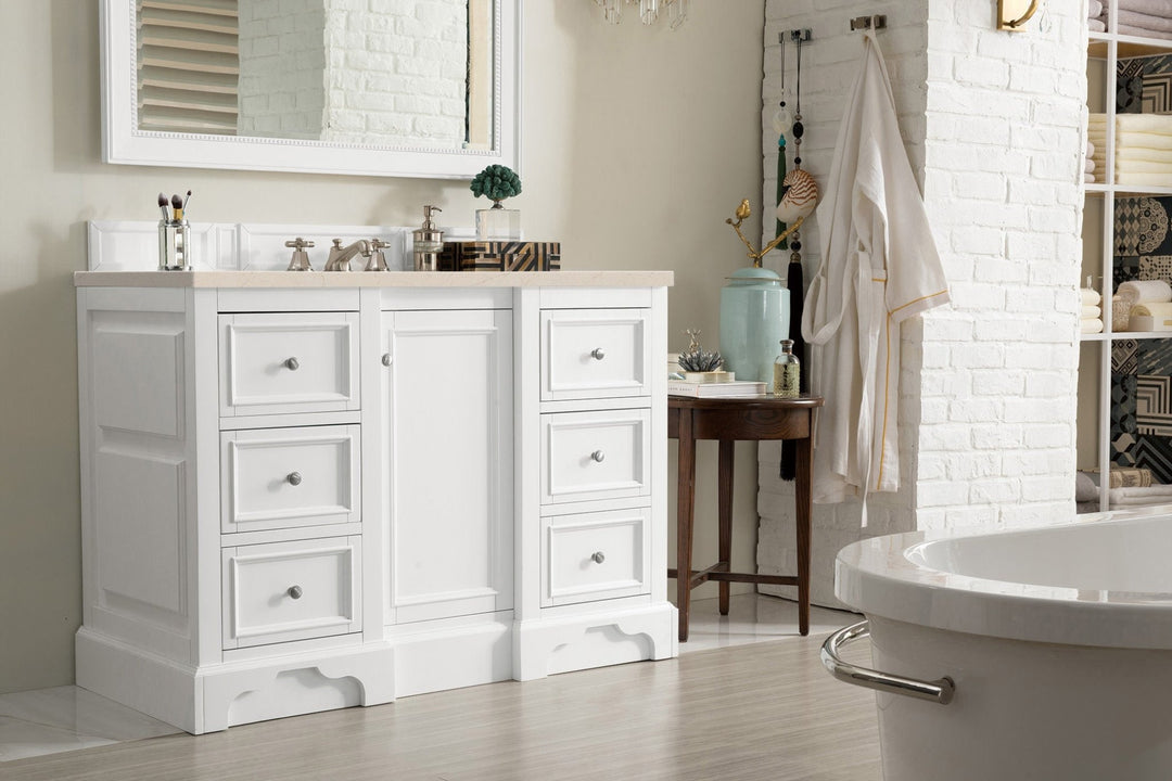 De Soto 48" Single Vanity, Bright White w/ 3 CM Eternal Marfil Silestone Top