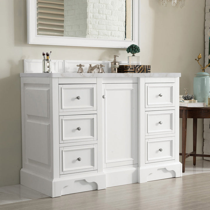 De Soto 48" Single Vanity, Bright White w/ 3 CM Victorian Silver Silestone Top