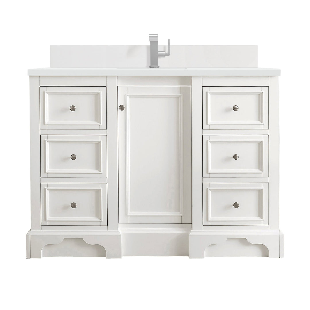 De Soto 48" Single Vanity, Bright White w/ Single Hole 3 CM White Zeus Silestone Top & Backsplash