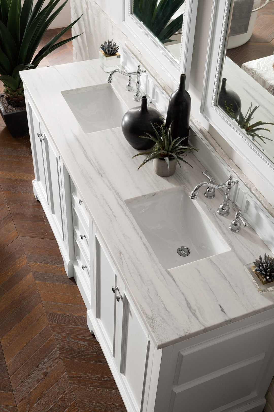 De Soto 72" Double Vanity, Bright White w/ 3 CM Arctic Fall Solid Surface Top