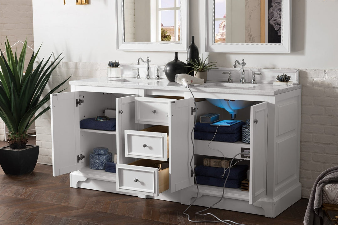 De Soto 72" Double Vanity, Bright White w/ 3 CM Arctic Fall Solid Surface Top