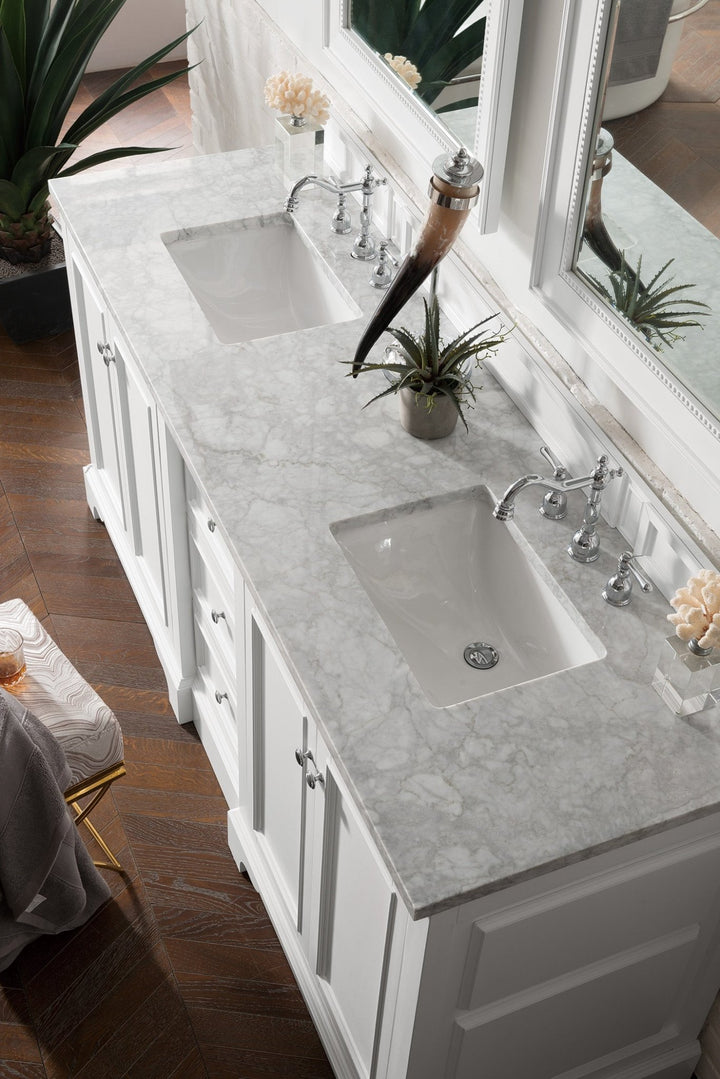 De Soto 72" Double Vanity, Bright White w/ 3 CM Carrara Marble Top