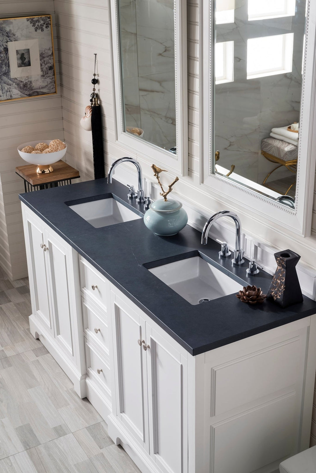 De Soto 72" Double Vanity, Bright White w/ 3 CM Charcoal Soapstone Silestone Top