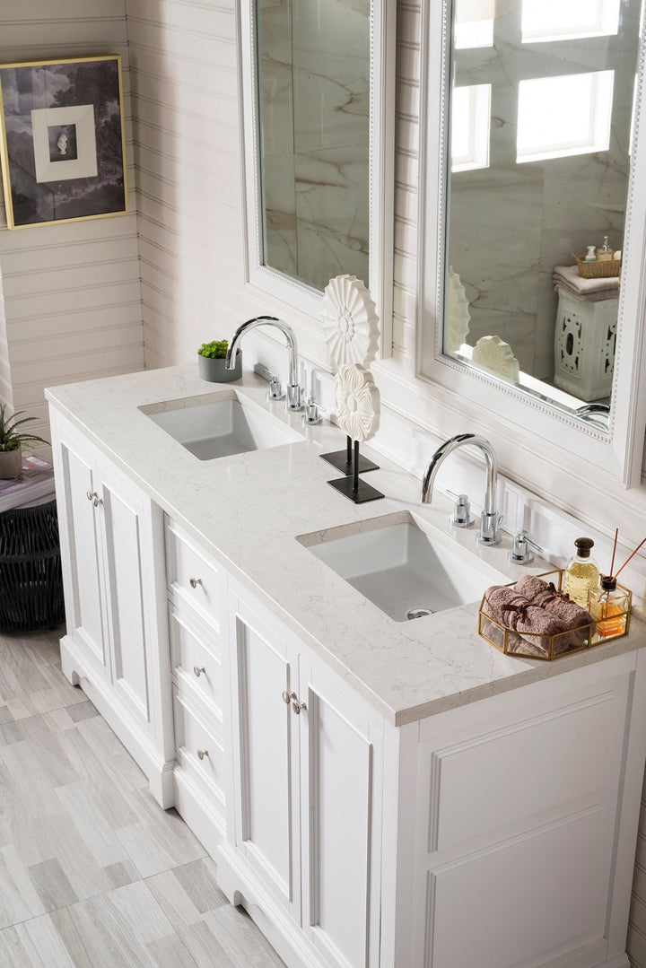 De Soto 72" Double Vanity, Bright White w/ 3 CM Eternal Jasmine Pearl Silestone Top