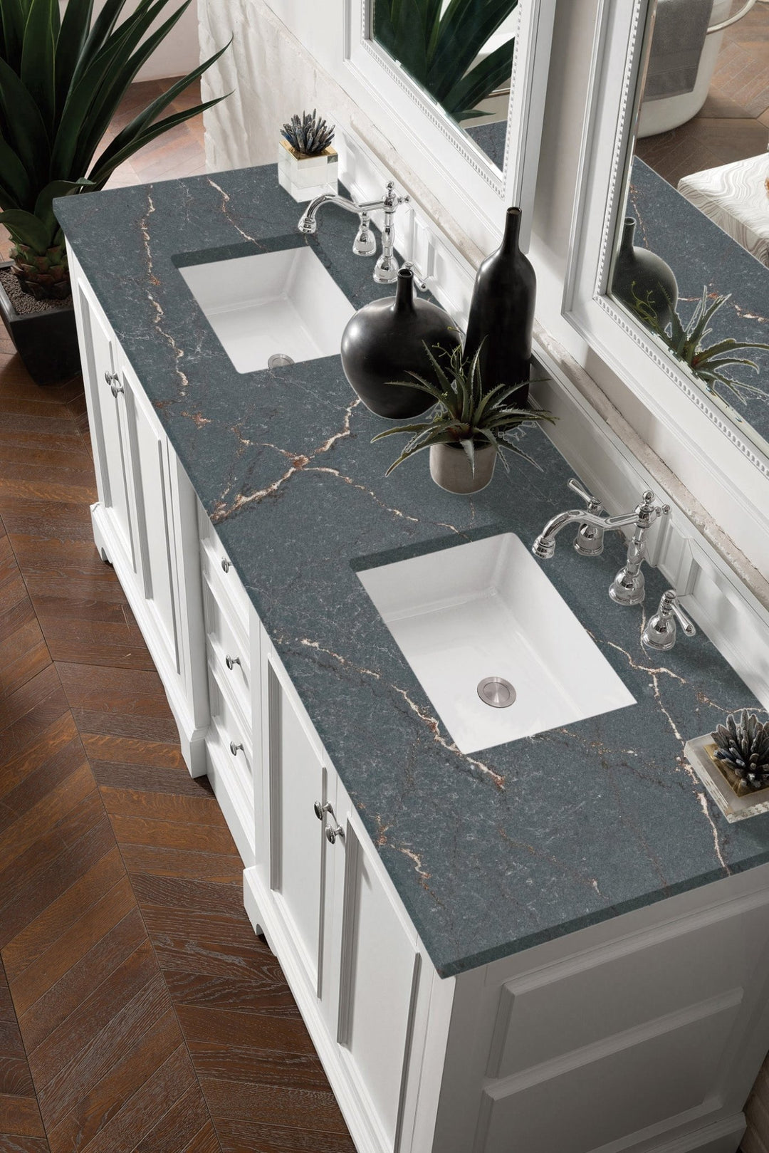 De Soto 72" Double Vanity, Bright White w/ 3 CM Parisien Bleu Silestone Top