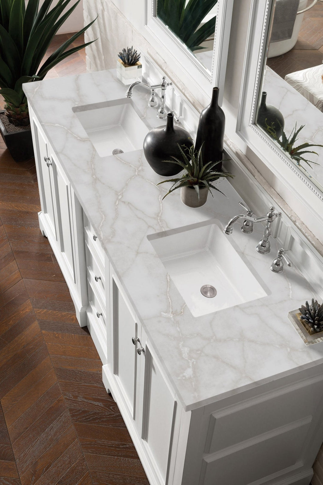 De Soto 72" Double Vanity, Bright White w/ 3 CM Victorian Silver Silestone Top