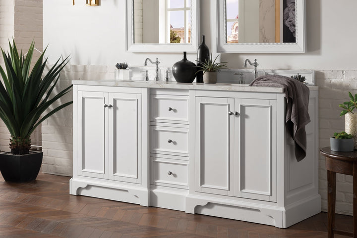 De Soto 72" Double Vanity, Bright White w/ 3 CM Victorian Silver Silestone Top