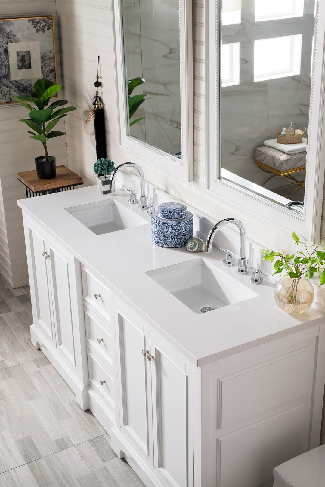 De Soto 72" Double Vanity, Bright White w/ 3 CM White Zeus Silestone Top