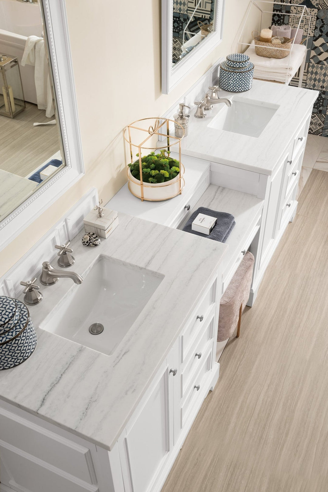 De Soto 94" Double Vanity Set, Bright White w/ 3 CM Arctic Fall Solid Surface Top