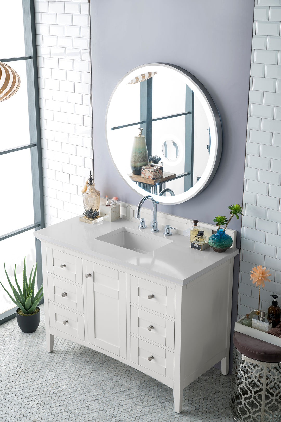 Palisades 48" Single Vanity, Bright White w/ 3 CM White Zeus Silestone Top