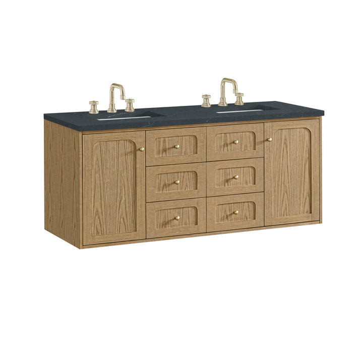 Laurent 60" Double Vanity, Light Natural Oak, w/ 3 CM Charcoal Soapstone Quartz Top