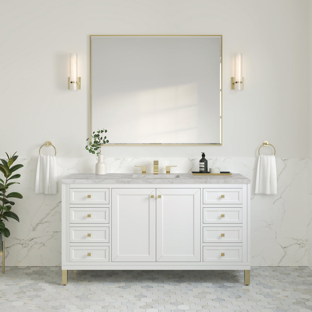 Chicago 60" Single Vanity, Glossy White, w/ 3 CM Victorian Silver Silestone® Top
