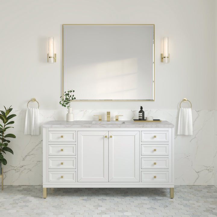 Chicago 60" Single Vanity, Glossy White, w/ 3 CM Victorian Silver Silestone® Top