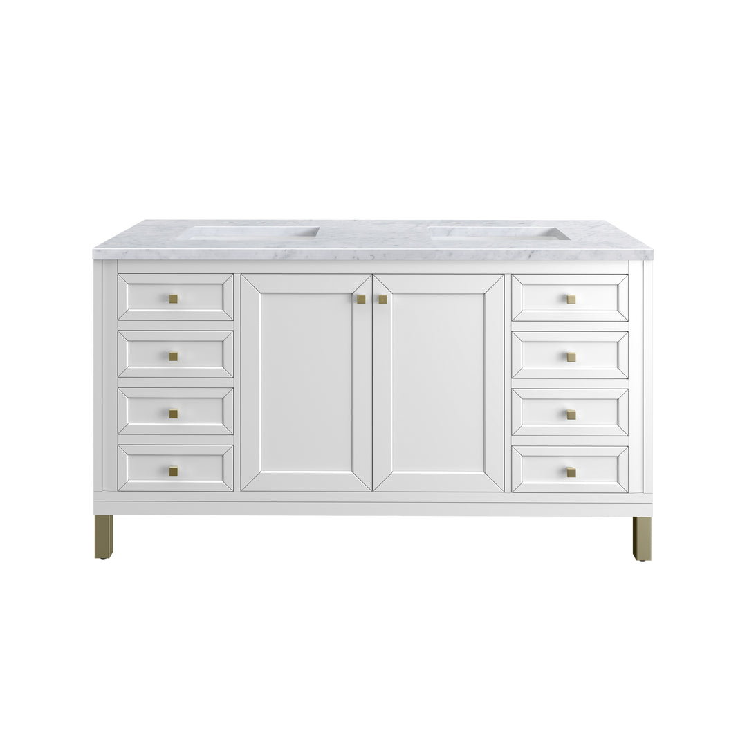 Chicago 60" Double Vanity, Glossy White, w/ 3 CM Carrara Marble Top