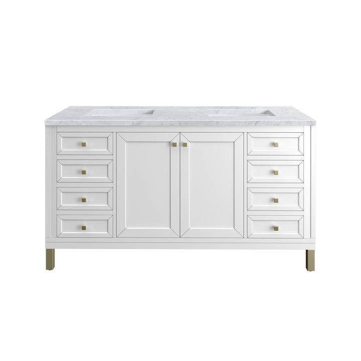 Chicago 60" Double Vanity, Glossy White, w/ 3 CM Carrara Marble Top