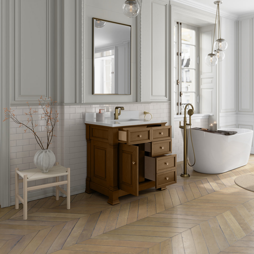 Brookfield 36" Single Vanity, Honey Oak w/ Single Hole 3 CM White Zeus Silestone® Top & Backsplash