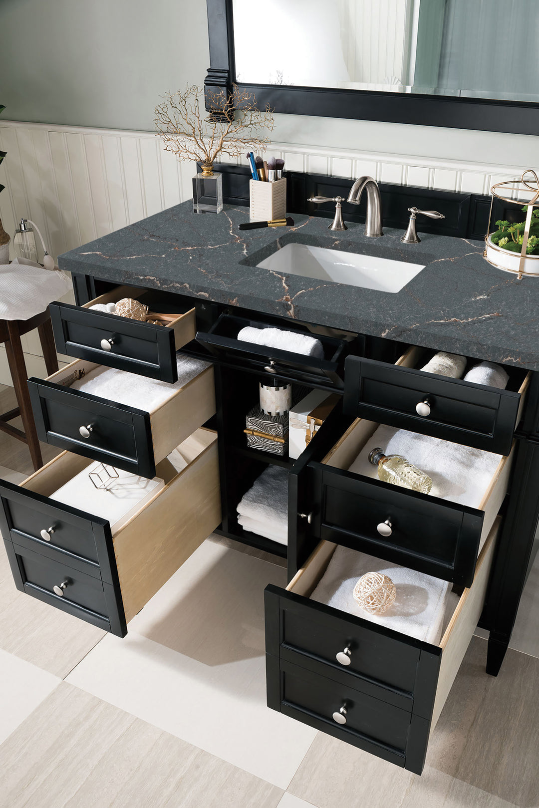 Brittany 48" Single Vanity, Black Onyx w/ 3 CM Parisien Bleu Silestone Top w/FreePower Wireless Charger