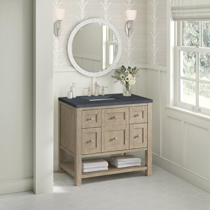 Breckenridge 36" Single Vanity, Whitewashed Oak w/ 3 CM Charcoal Soapstone Silestone Top