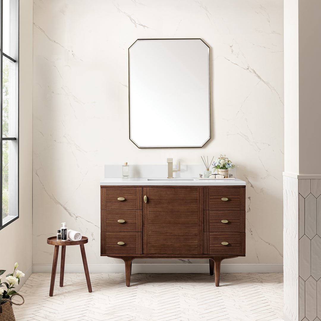 Amberly 48" Single Vanity, Mid-Century Walnut w/ Single Hole 3 CM White Zeus Top & Backsplash