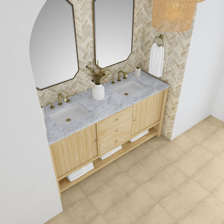 Marigot 72" Double Vanity, Sunwashed Oak w/ 3 CM Carrara White Marble Top