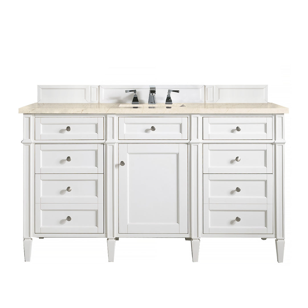 Brittany 60" Single Vanity, Bright White w/ 3 CM Eternal Marfil Silestone Top