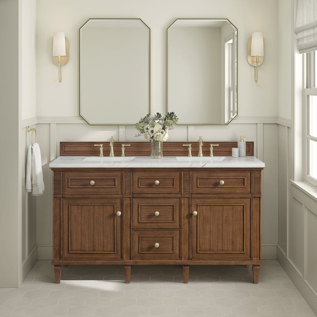 Lorelai 60" Double Vanity, Mid-Century Walnut w/ 3 CM Ethereal Noctis Silestone Top