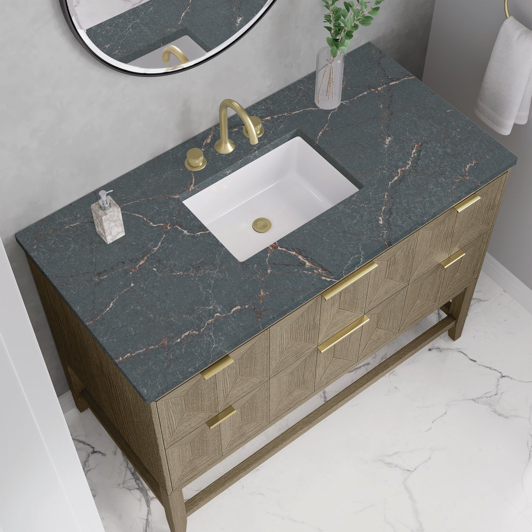 Emmeline 48" Single Vanity, Pebble Oak w/ 3 CM Parisien Bleu Silestone Top w/ FreePower Wireless Charger