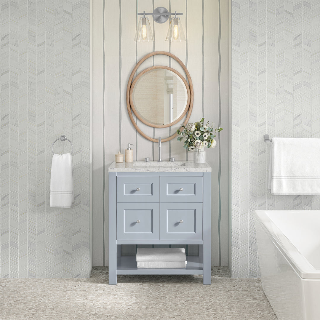 Breckenridge 30" Single Vanity, Serenity Blue, w/ 3 CM Eternal Jasmine Pearl Quartz Top